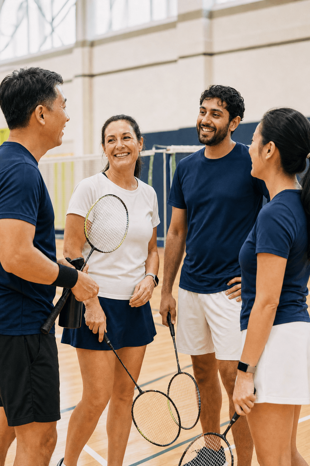A group of adult badminton players talking together in a community gym